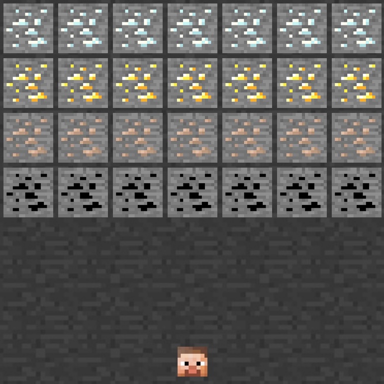 thumbnail of the "blockout" game. four rows of ore blocks line the top of the frame. a minecraft steve head sits bottom-center.